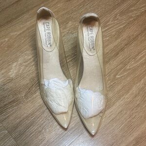 Cape Robbin Women's Beige Pointed Toe Heels. Clear plastic. Perfect with jeans